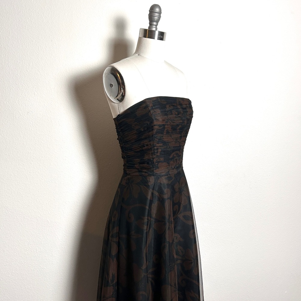 Chelsea Nites Black Brown Floral Mesh Ruched Strapless Formal Y2K Dress Women 6